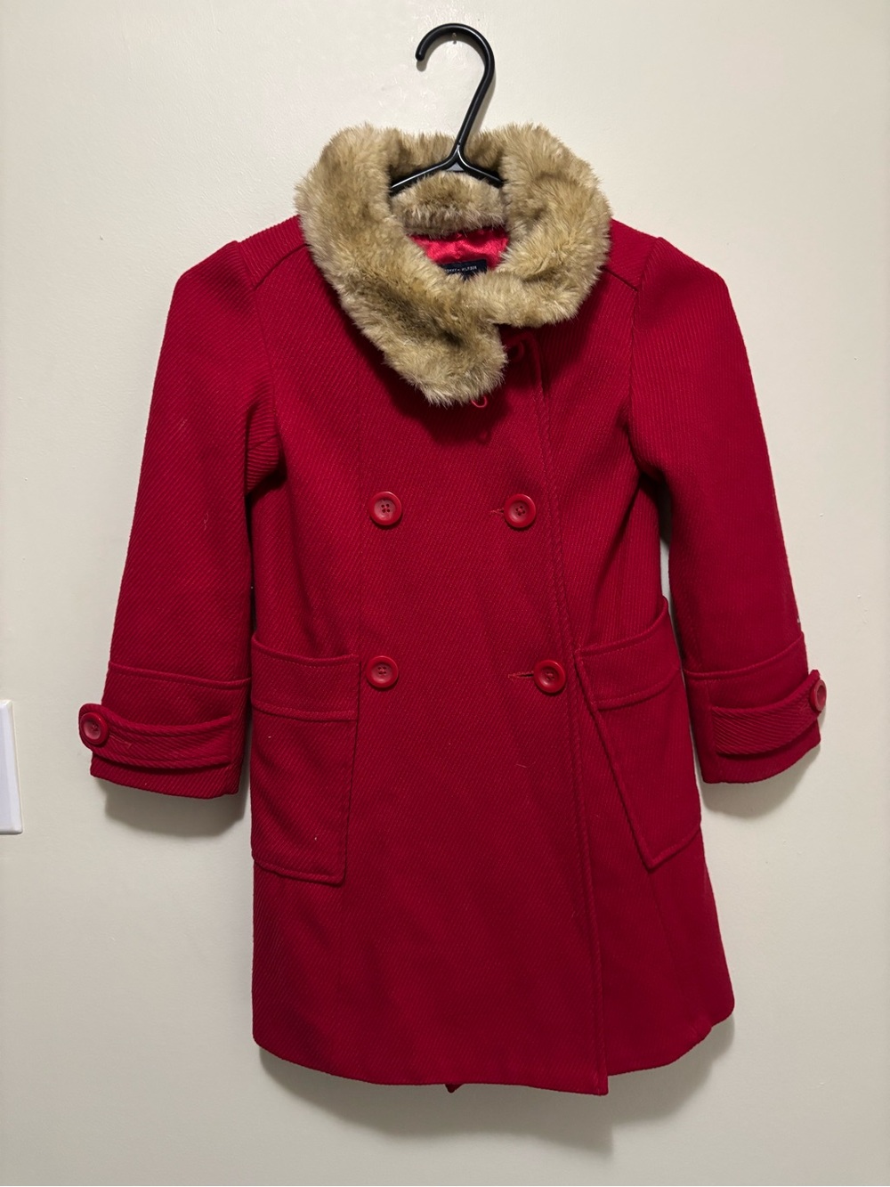 Tommy Hilfiger Girls Red Wool Blend Coat Faux Fur Collar Size XS (4-5)